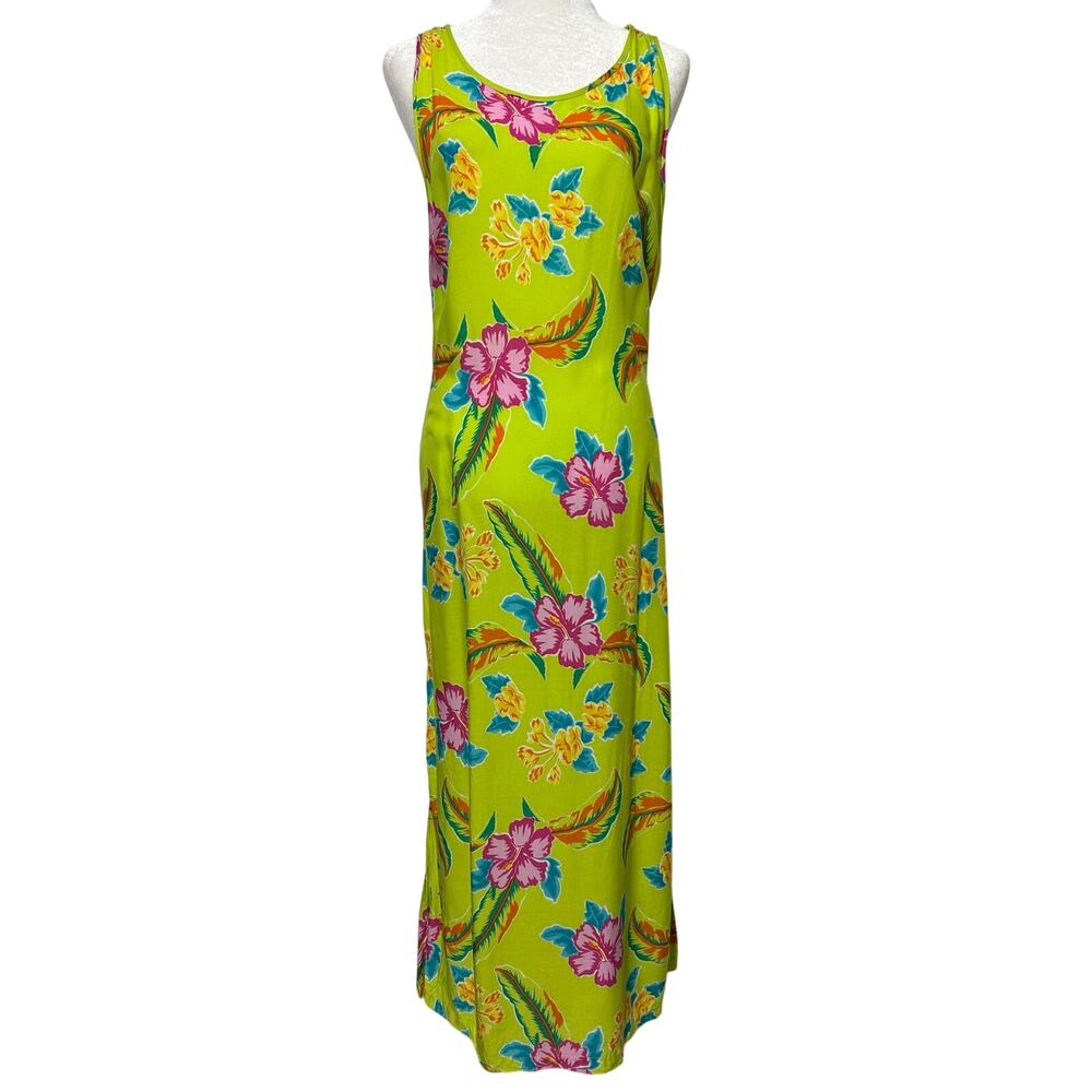Jane Ashley Lime Green Tropical Hawaiian Hibiscus Floral Midi Dress Size L